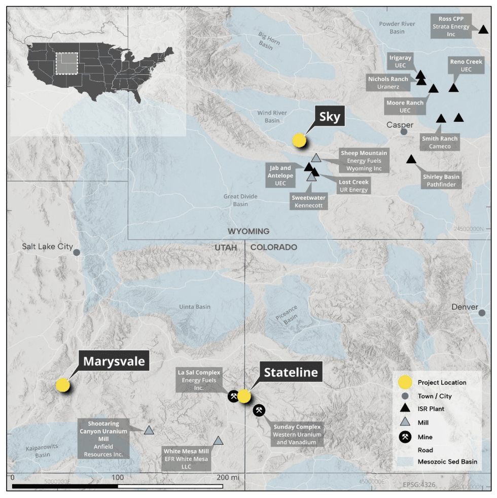 Map shows Uranium American Resources project locations.