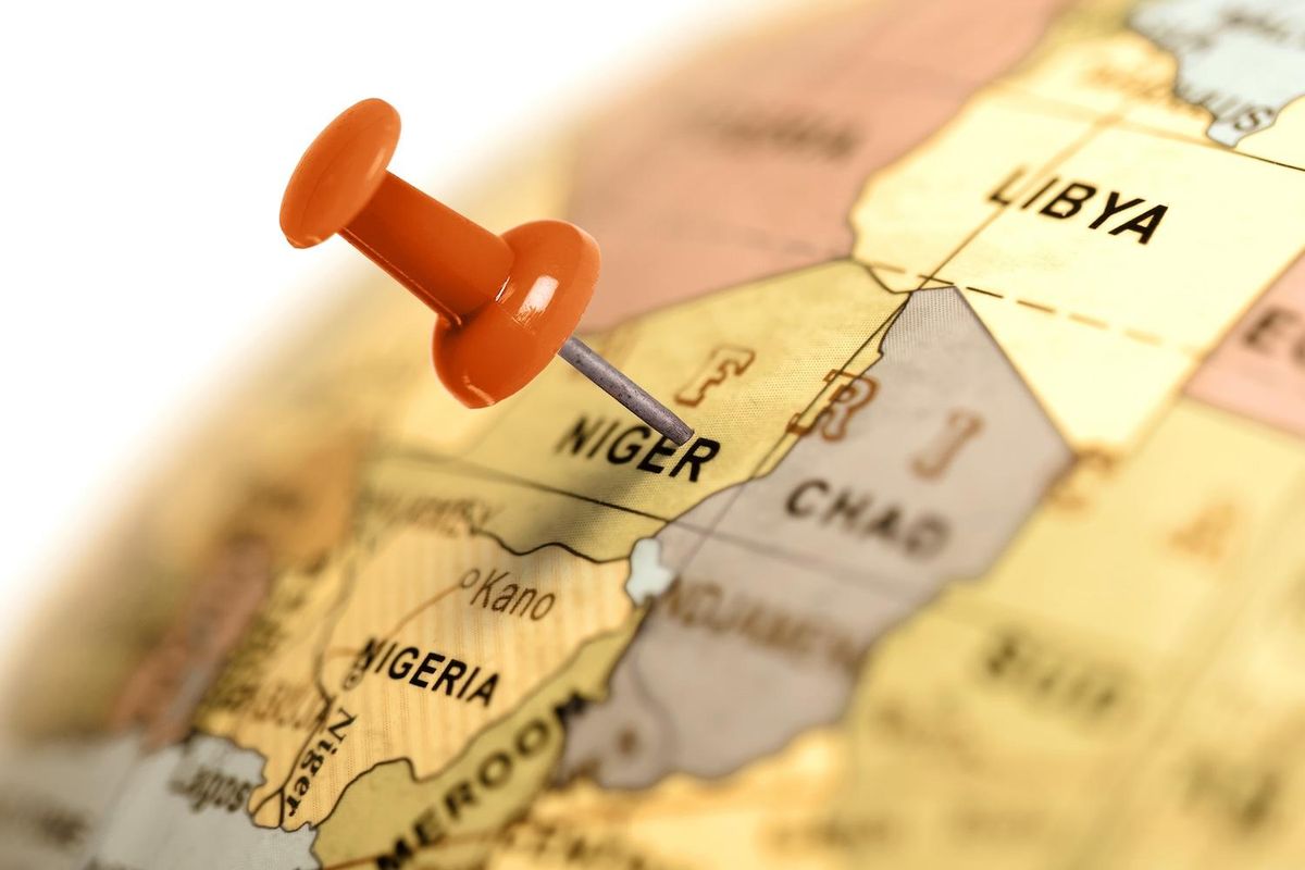 Map with a pin marking Niger, showing neighboring countries.