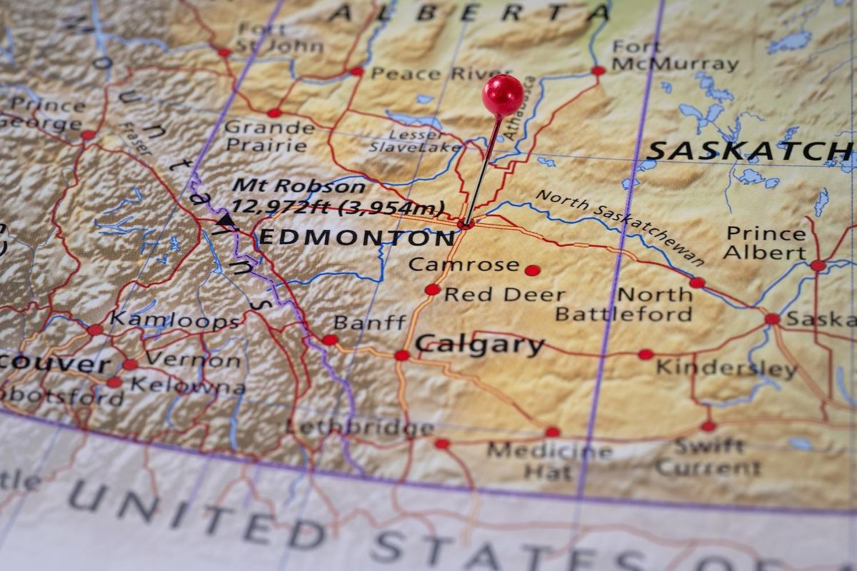 Map with a red pin marking a location in northern Alberta, Canada.