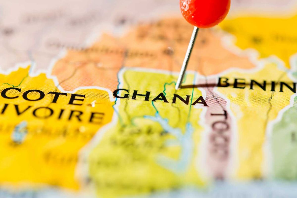 Map with a red pin marking Ghana, near Côte d'Ivoire and Benin.