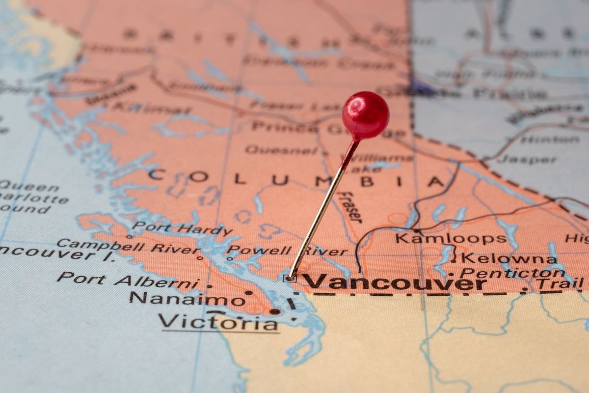 Map with a red pin marking Vancouver, BC.