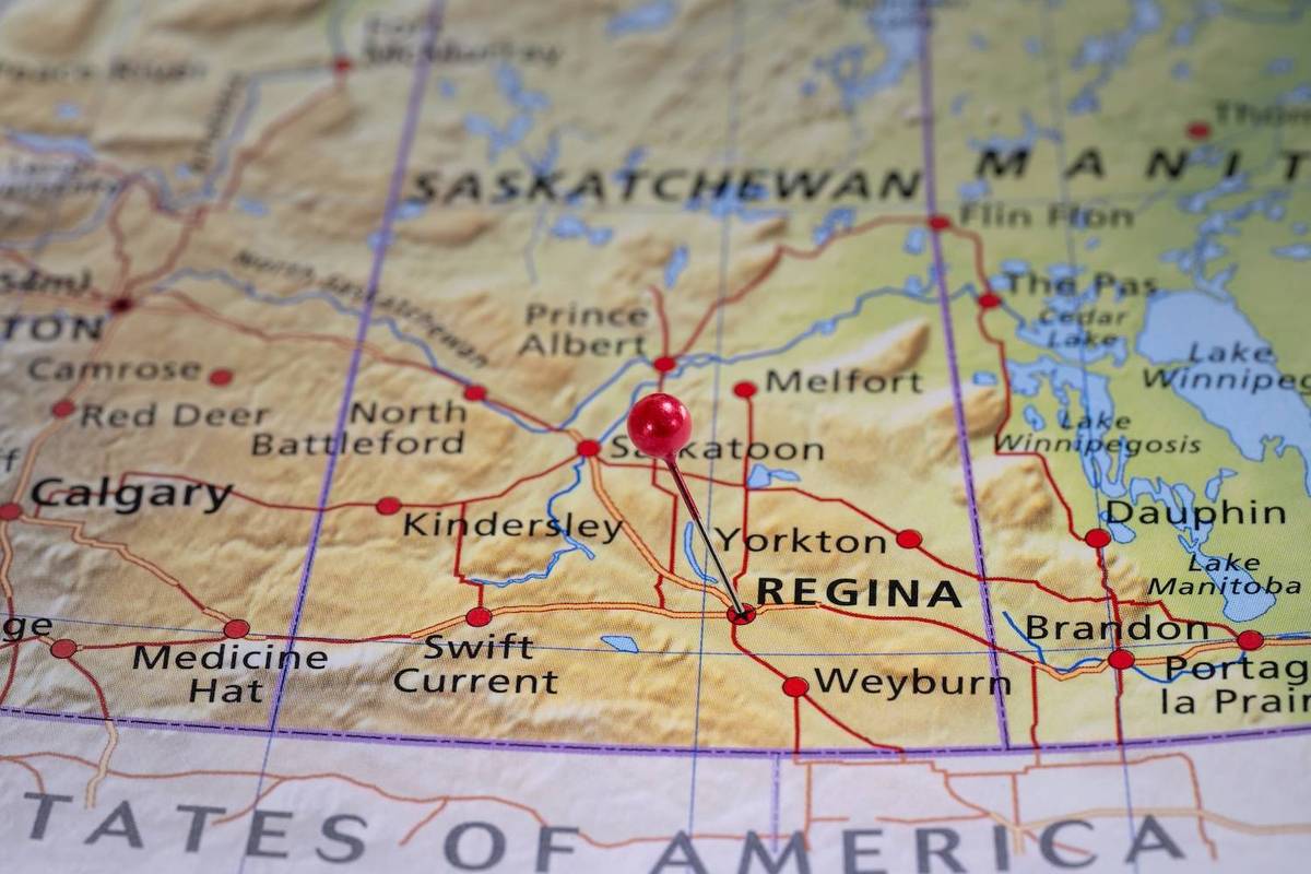 Map with a red pin over Regina, Saskatchewan, showing cities like Calgary, Saskatoon, and Brandon; Text reads: REGINA.