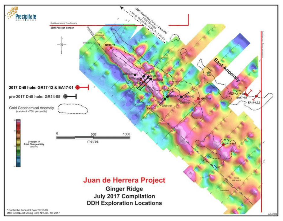Map with drill hole locations and project details of Precipitate Gold's Juan de Herrera project