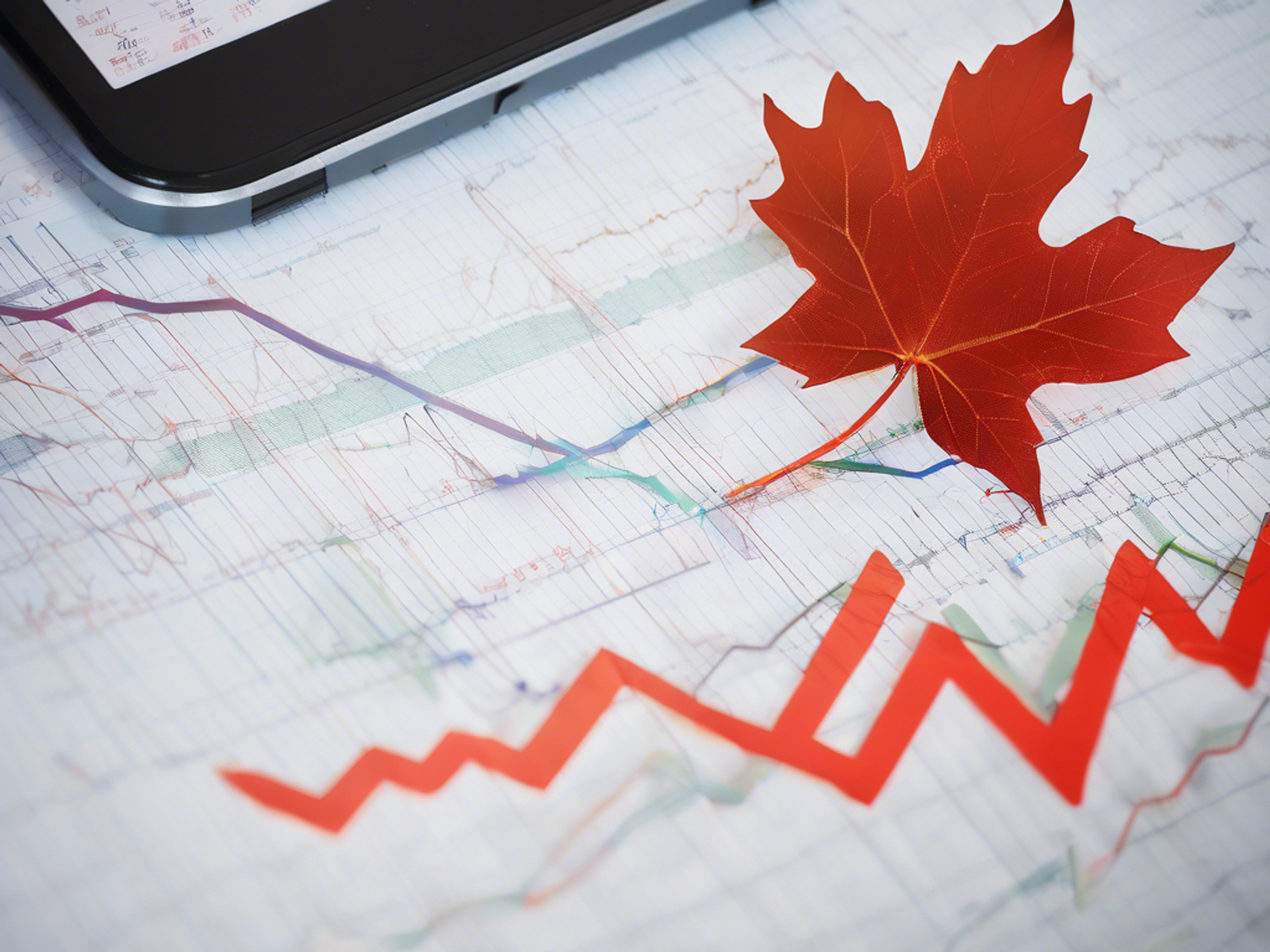 Maple leaf on top of stock charts.