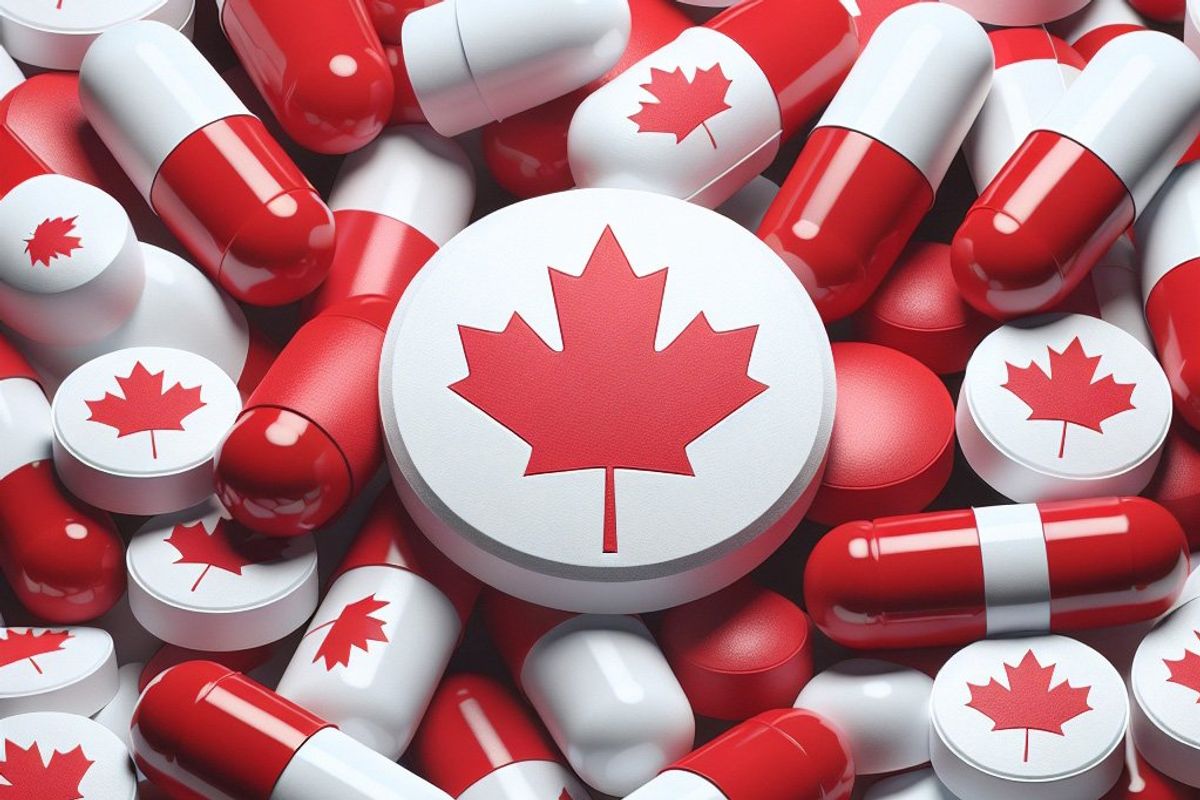 Medical pills branded with Canadian flag.