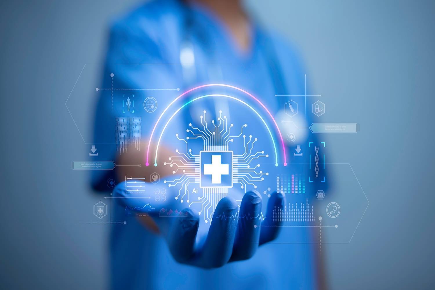 Medical professional's hand under a digital interface with a glowing cross and circuit design.