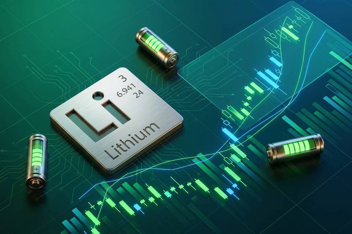 Metal lithium periodic symbol tile surrounded by glowing batteries and digital stock graph on green circuit background.