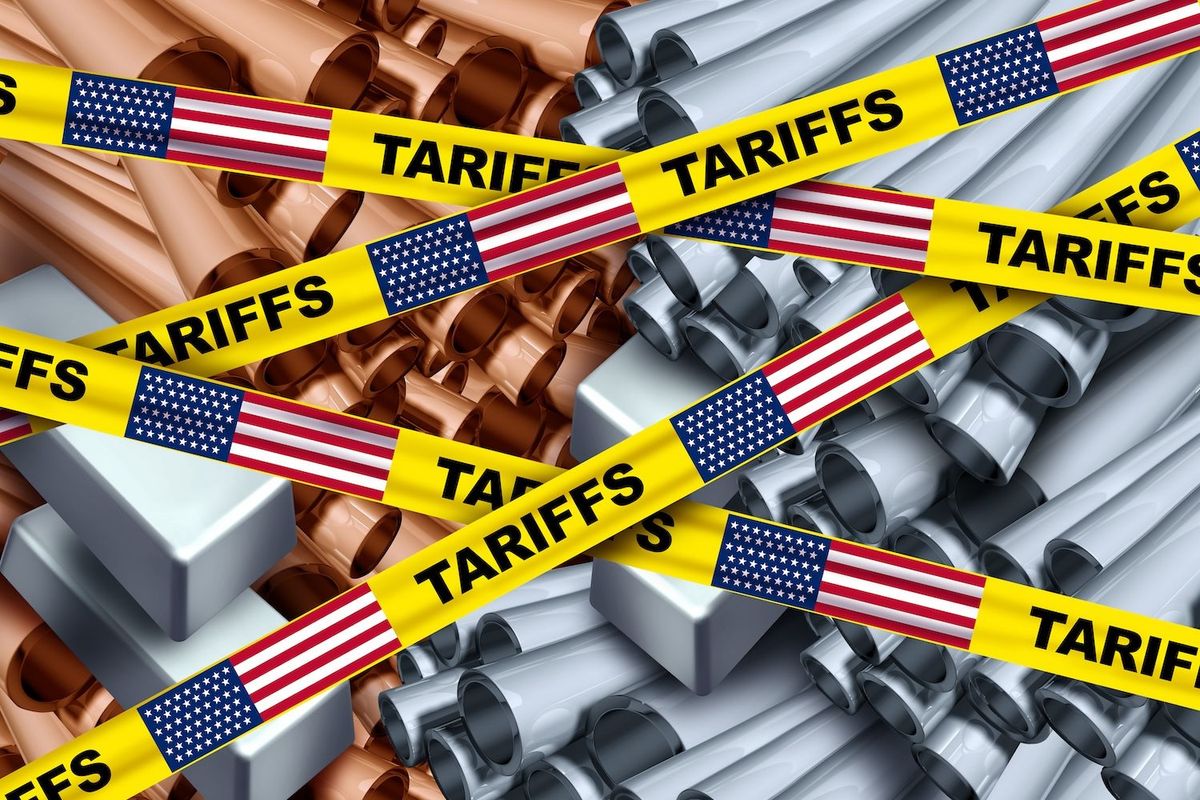 Metal pipes and bars obstructed by yellow "tariffs" tape with US flags.