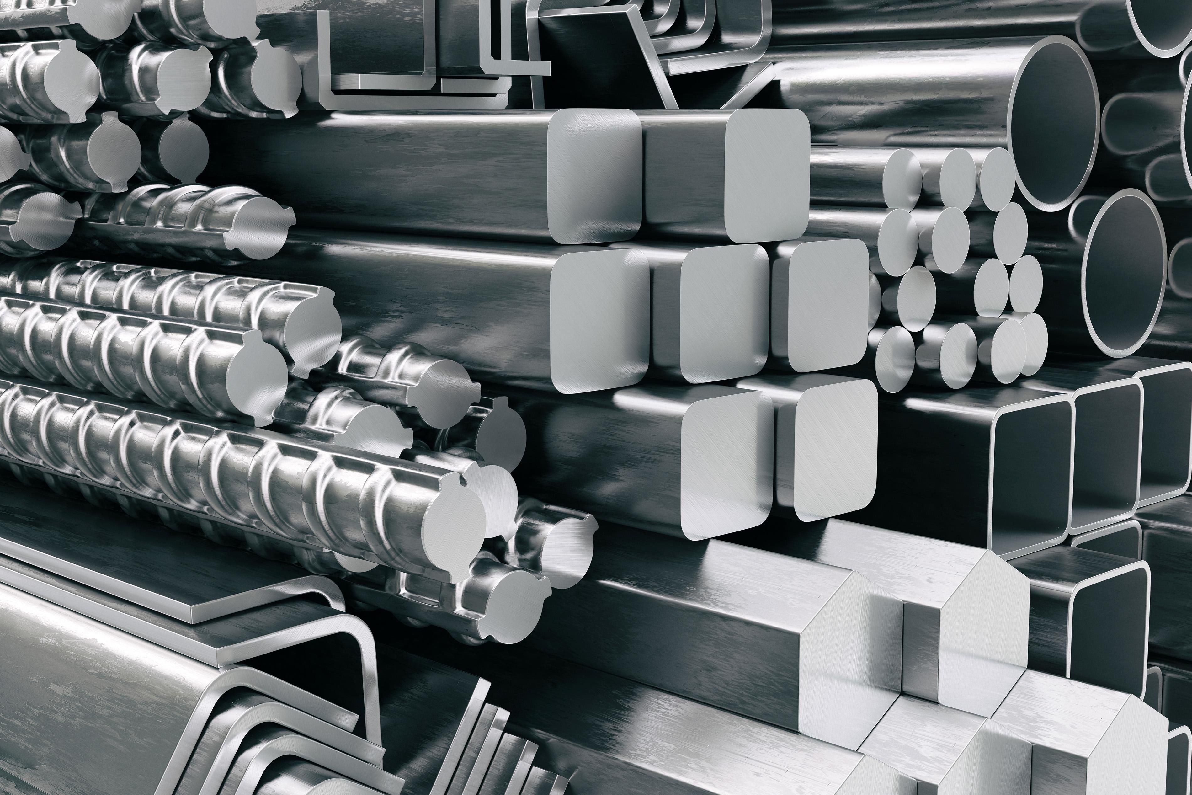 Metal profiles and tubes, different stainless steel products.