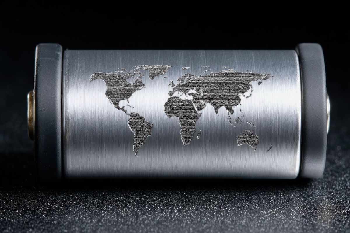 Metallic battery with a world map etched on it, against a dark background.