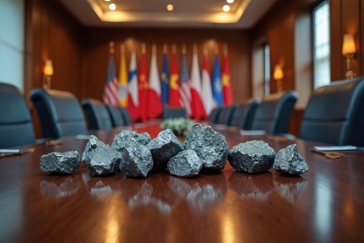 Metallic ores on conference table with international flags in background.