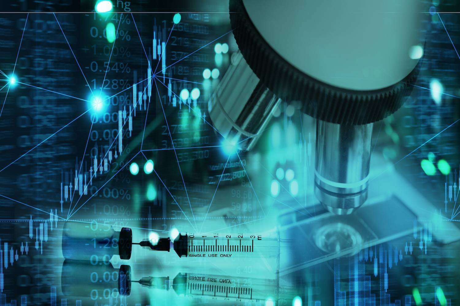 Microscope and syringe overlay a digital stock chart with green lines and numbers.