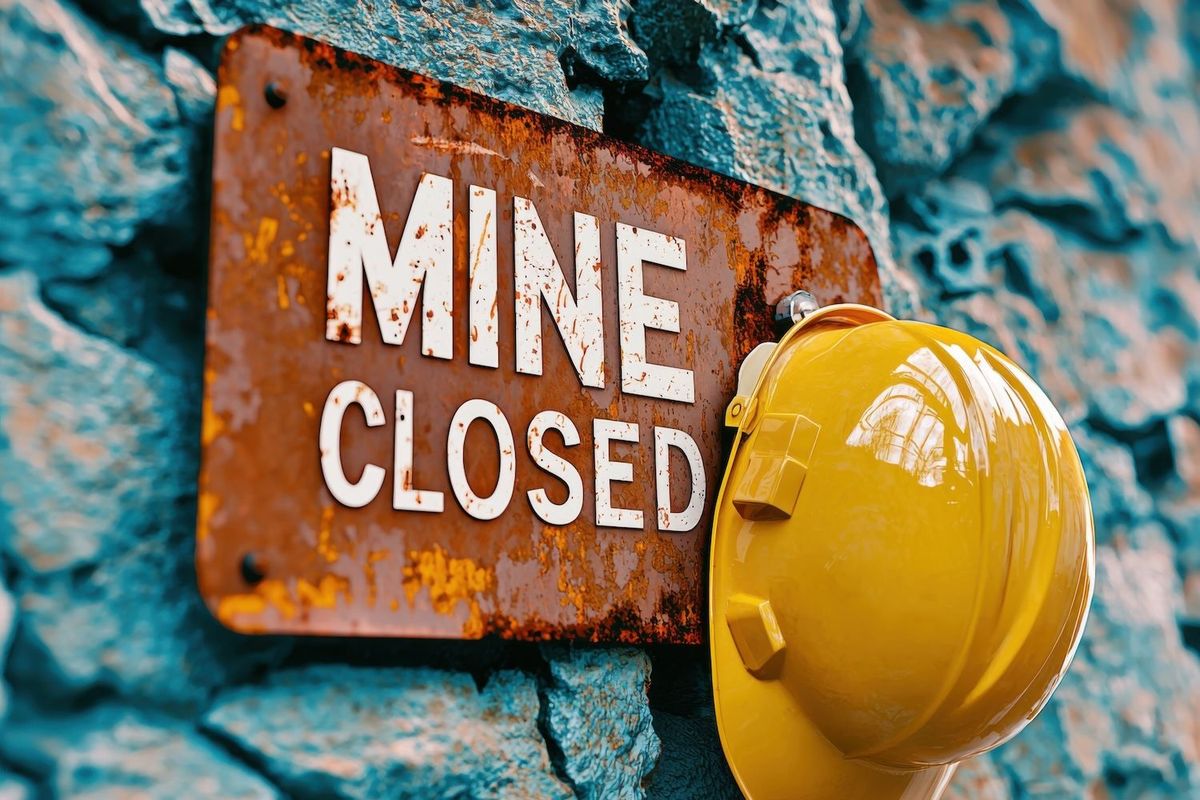"Mine closed" sign with a yellow hard hat on textured blue wall.