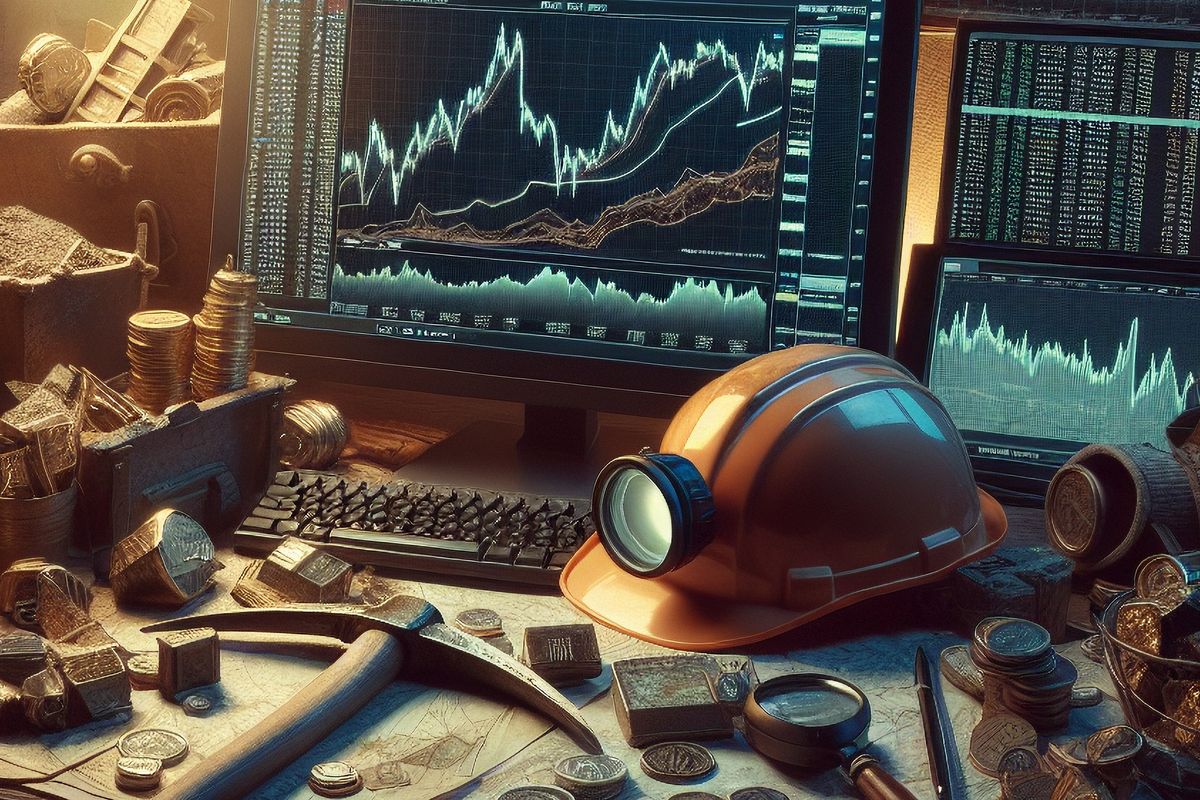 Mining items with stock chart on computer screen.
