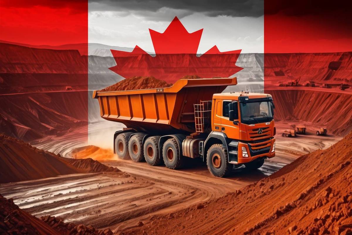 Mining truck in a quarry with Canadian flag overlay.