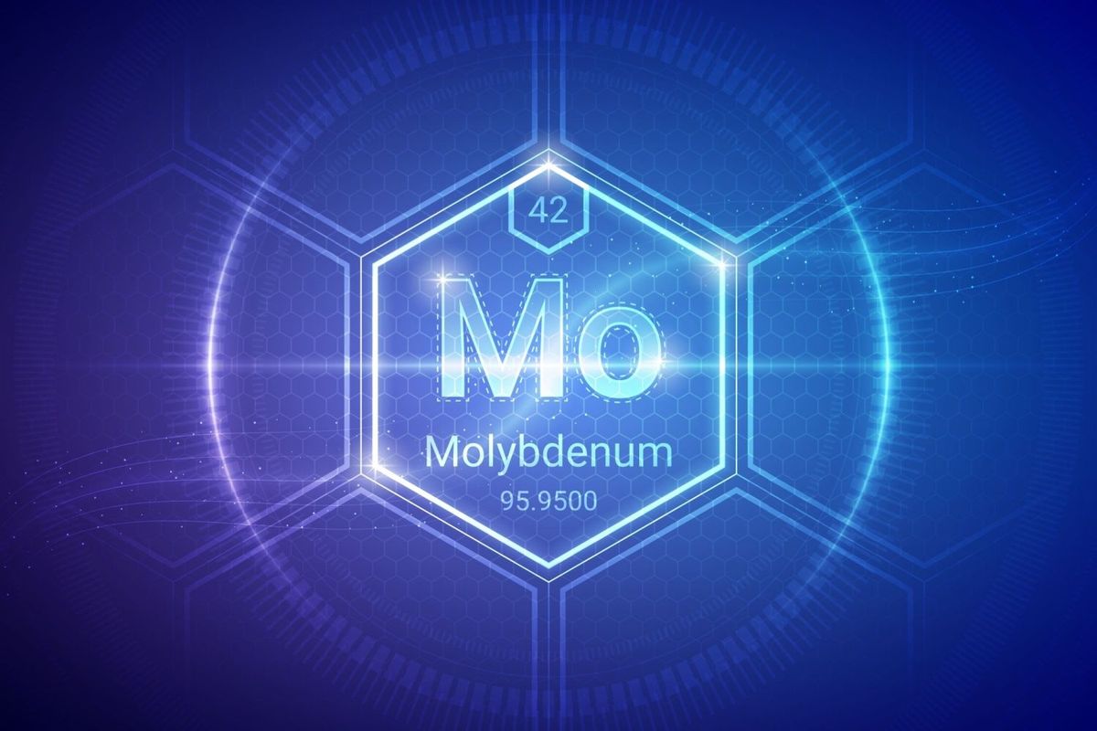 Molybdenum periodic symbol on a blue background.