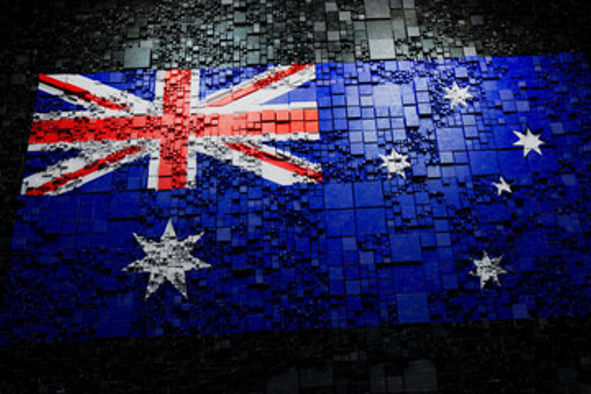 Mosaic-style Australian flag with textured square tiles and vibrant colours.