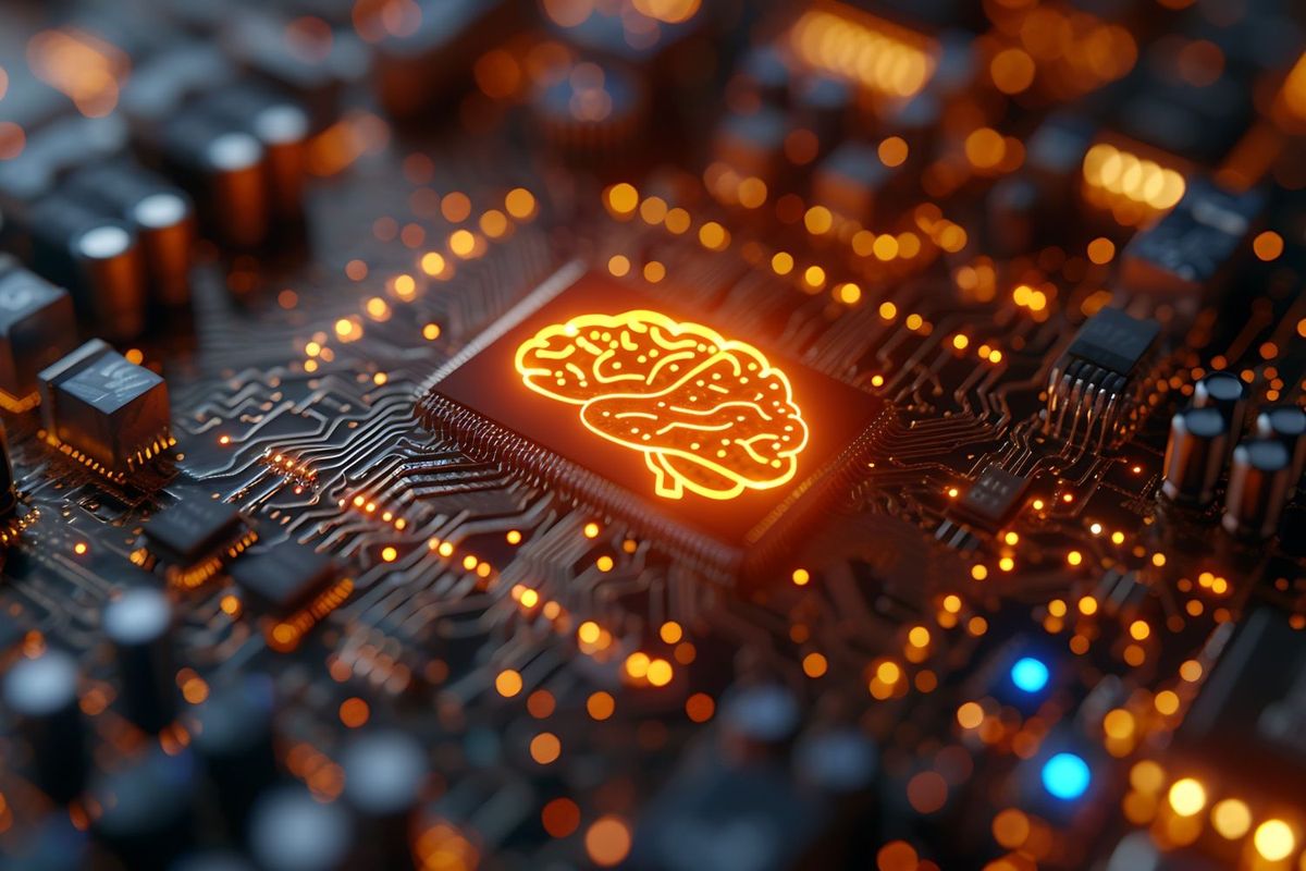Motherboard with glowing orange brain in center.