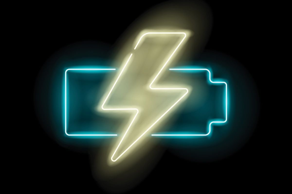 Neon battery and lightning shapes.