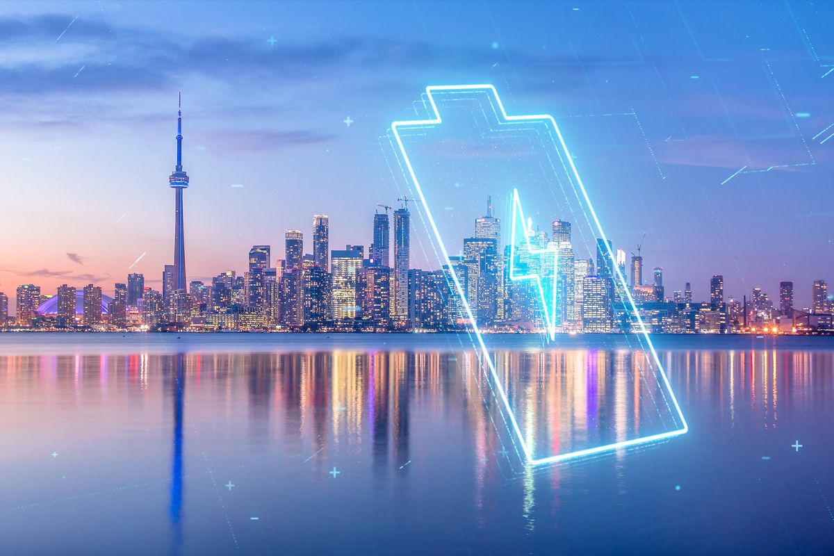 Neon battery over the city of Toronto's skyline.