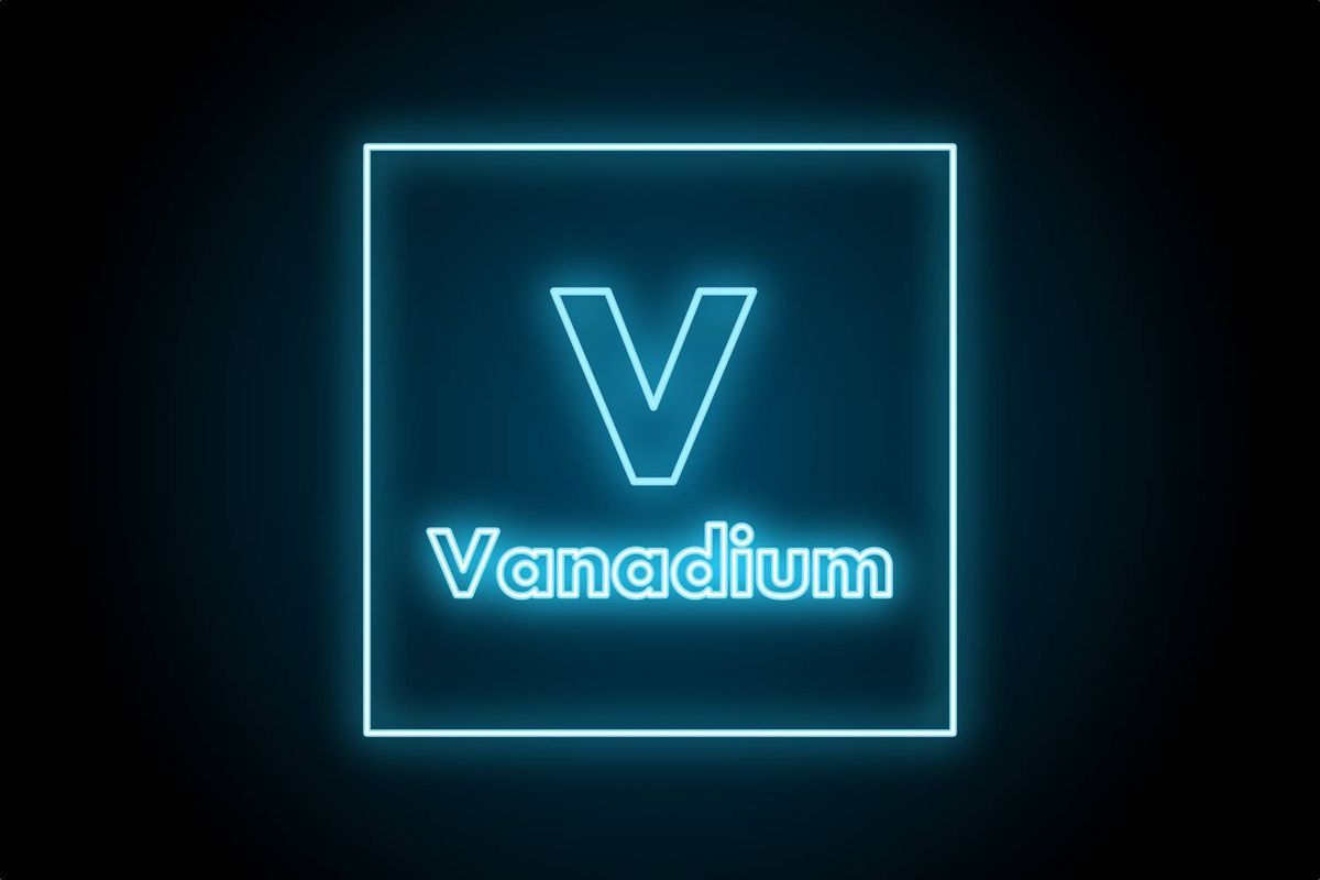 Neon blue "V" and "Vanadium" text inside a glowing square on a dark background.