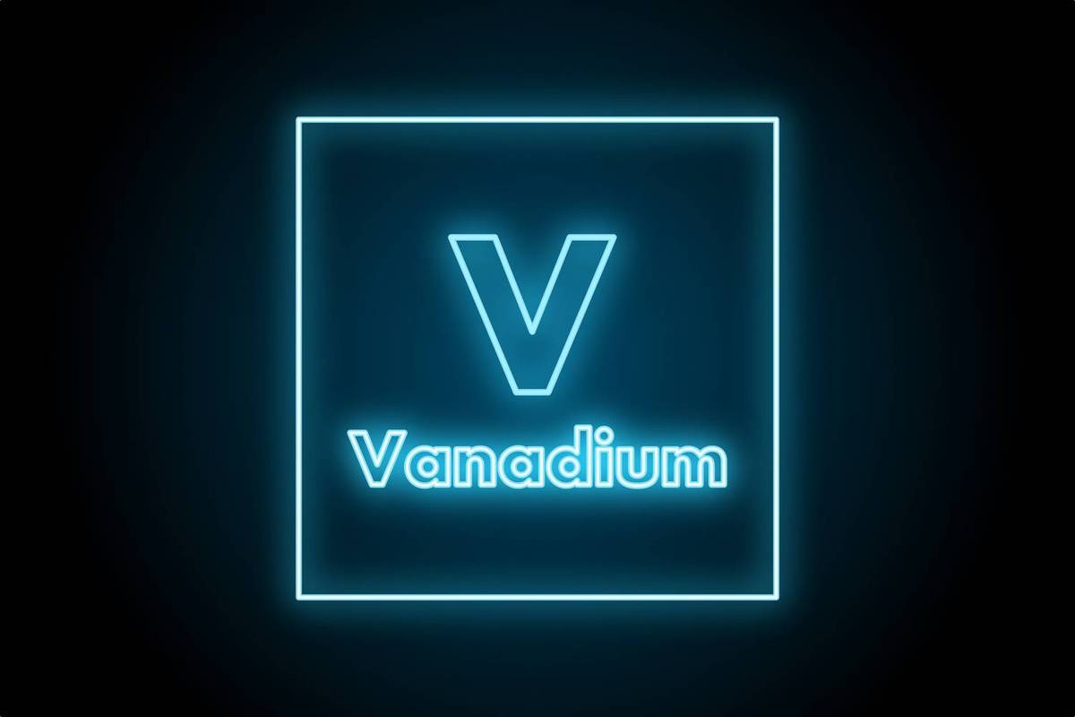 Neon blue "V" and "Vanadium" text inside a glowing square on a dark background.