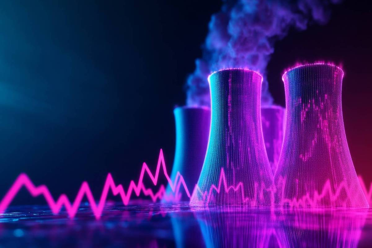 Neon pink and blue cooling towers emit steam with a pink zigzag line in front of a dark background.