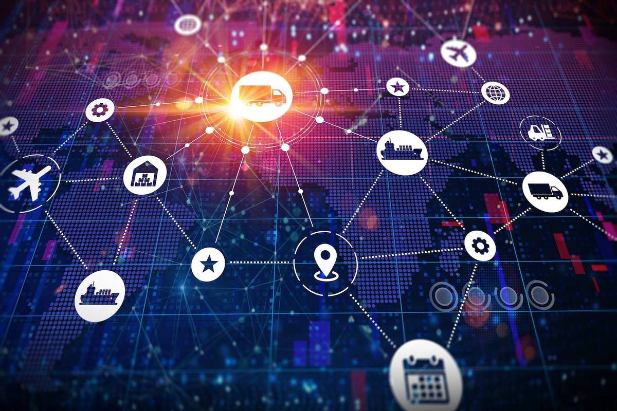 Network diagram with transport icons connected by dotted lines on blue background with digital grid.