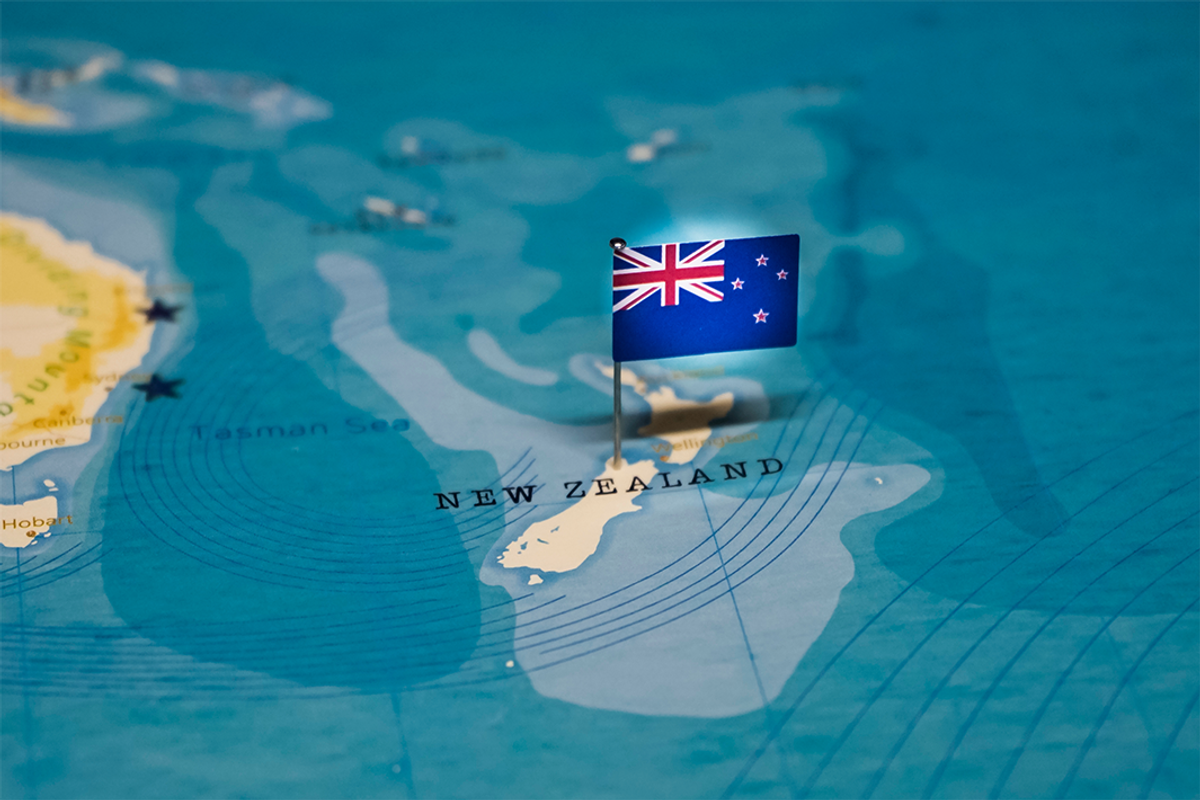 New Zealand flag on map.