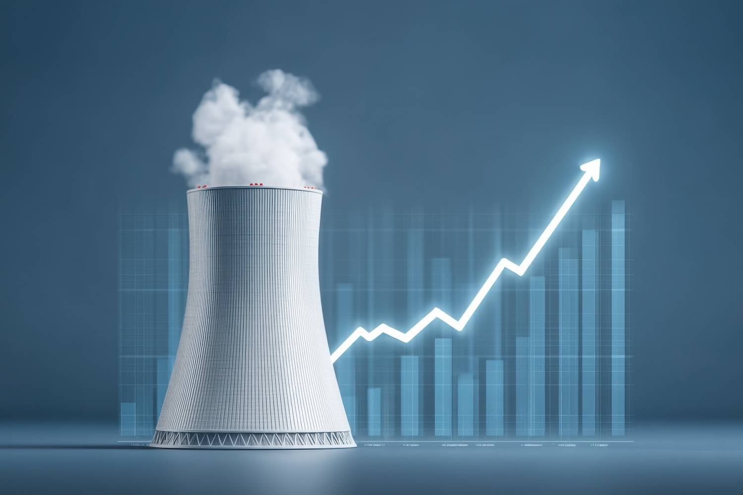 Nuclear cooling tower emits steam in front of a graph showing an upward trend on a blue background.