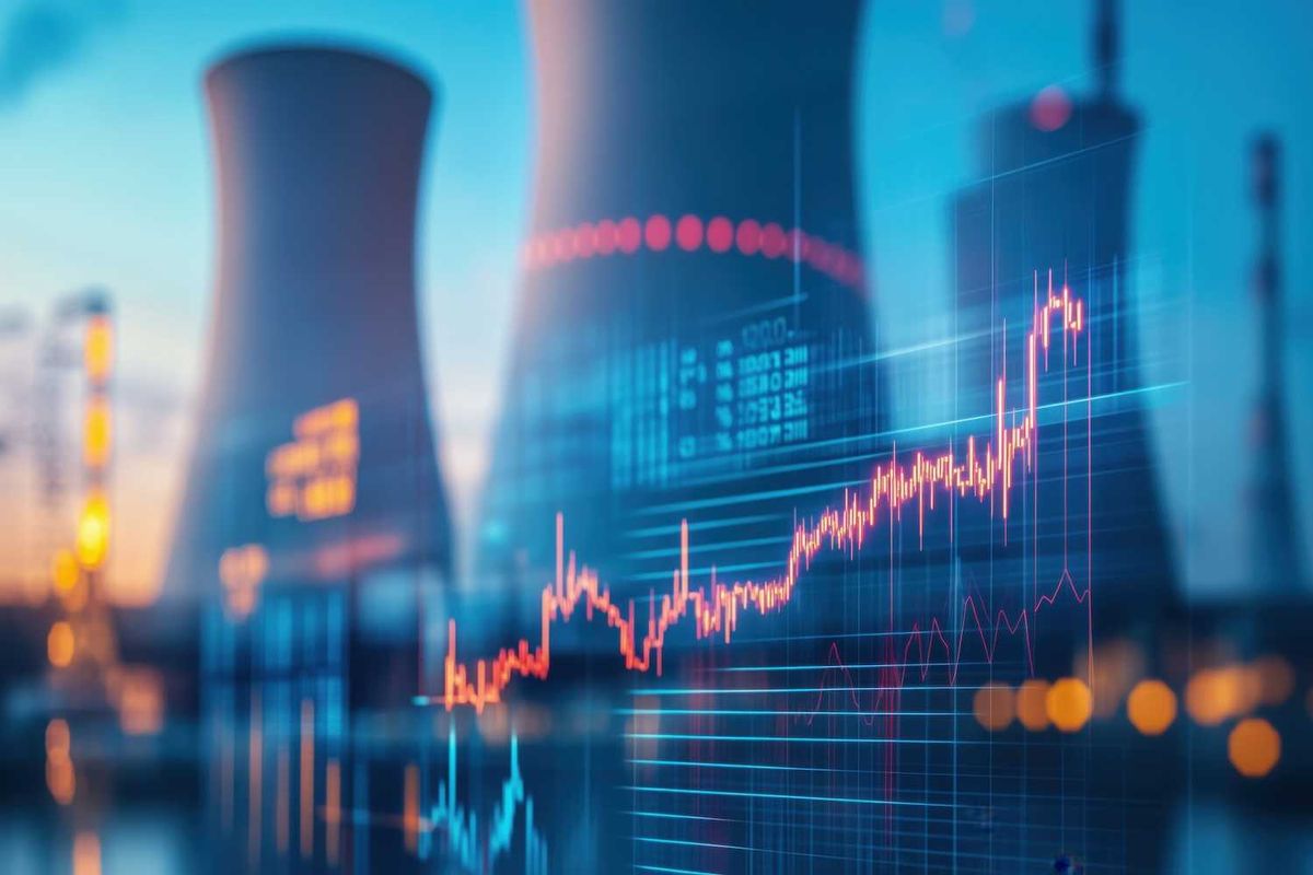 Nuclear plant cooling towers with overlaid stock market graphs at sunset.