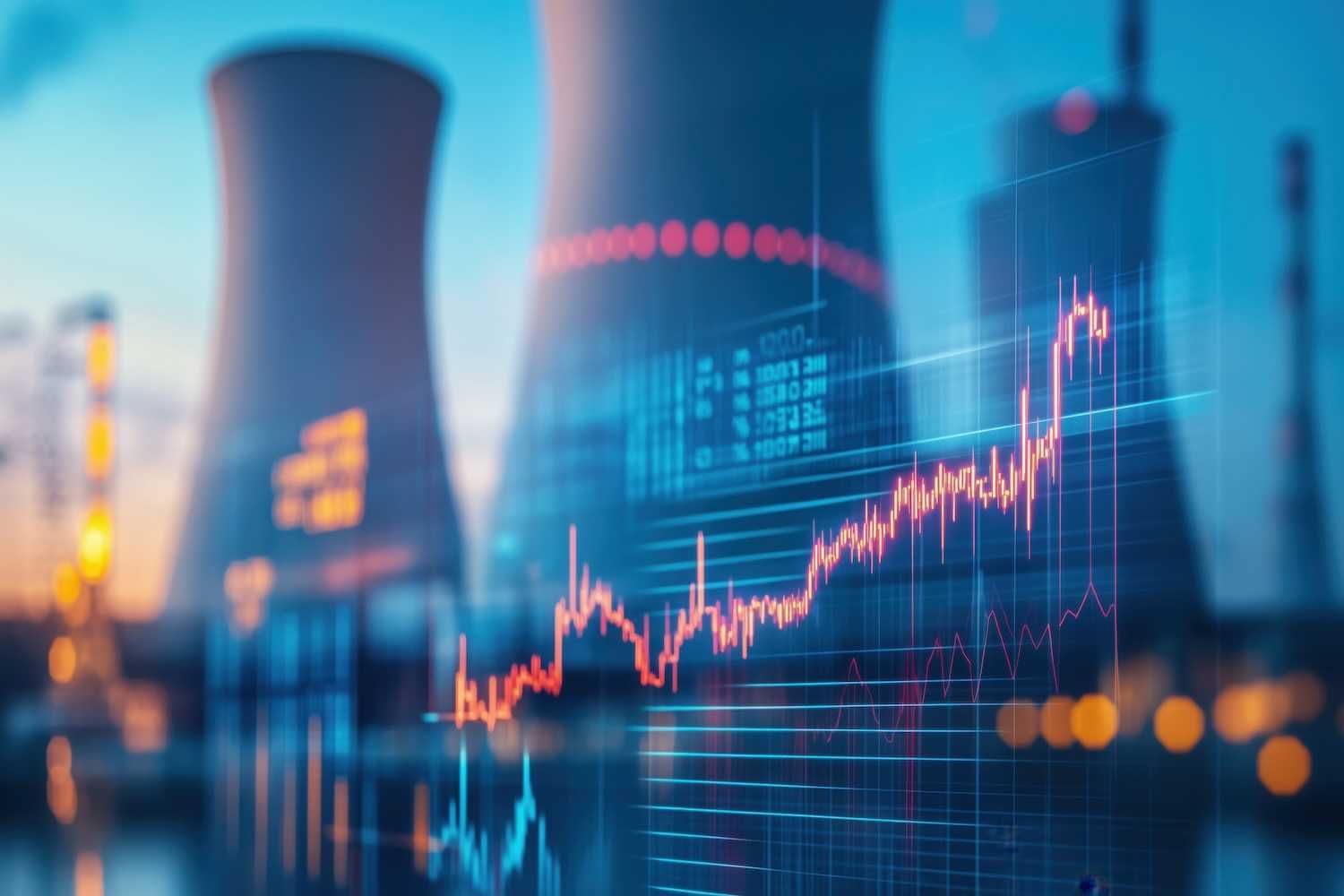 Nuclear plant cooling towers with overlaid stock market graphs at sunset.