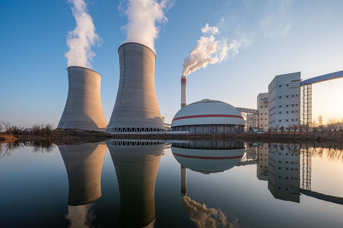 Nuclear power plant powered by uranium at dusk.