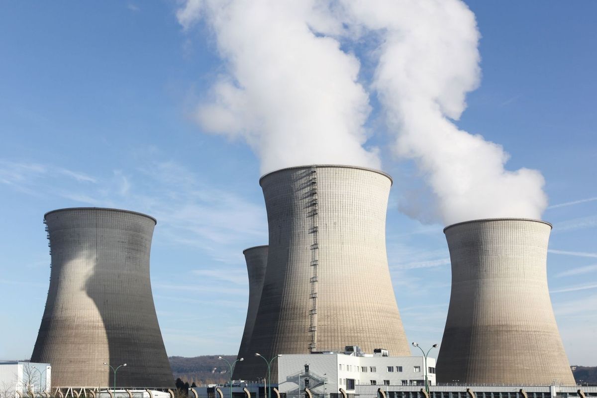 Nuclear reactors against blue sky.