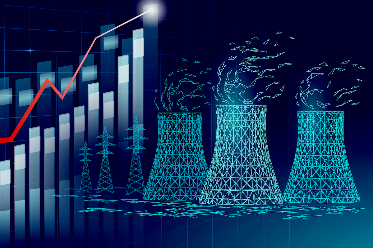 Nuclear reactors and a stock chart.