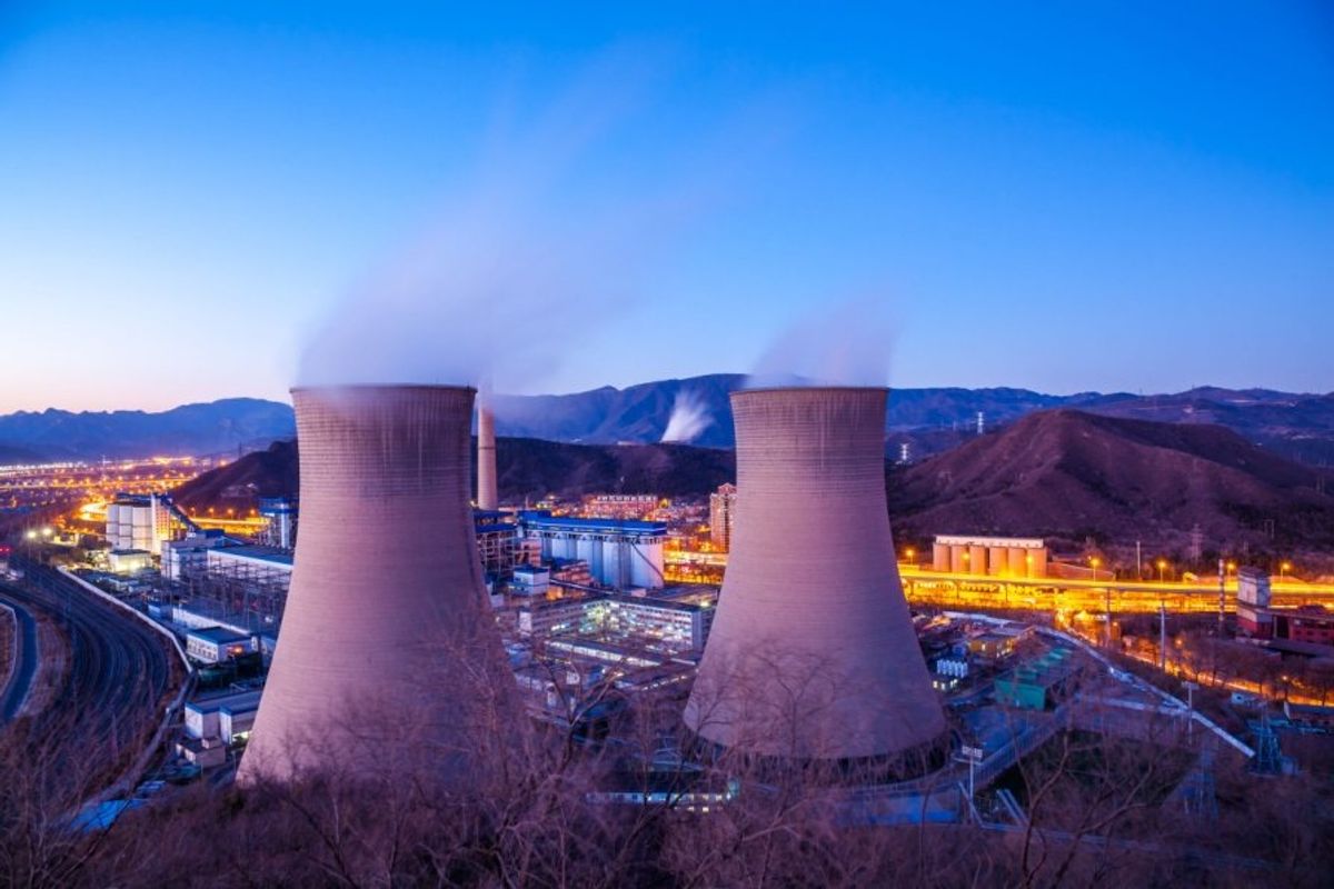 Nuclear reactors at dusk.