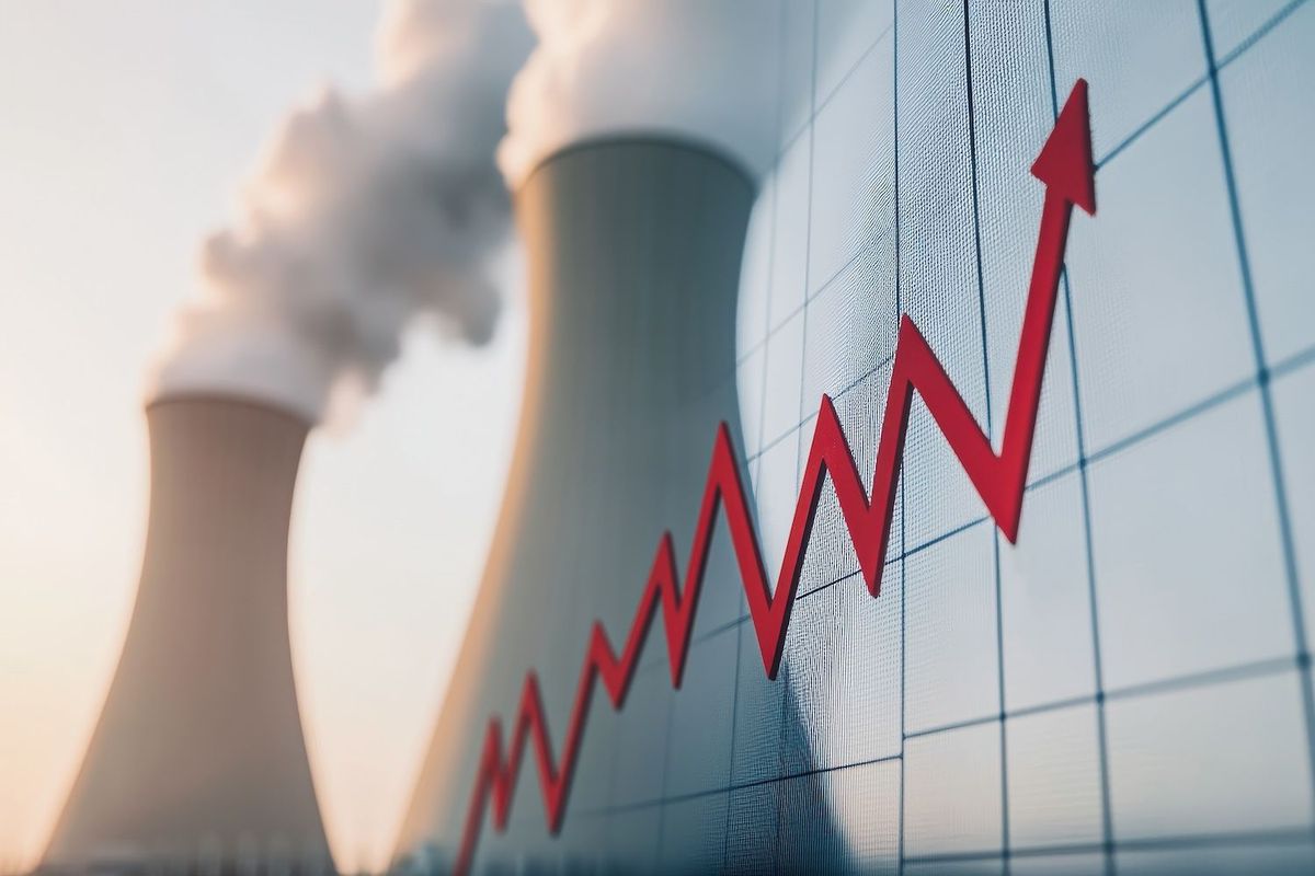 Nuclear reactors with upward trending graph overlay.