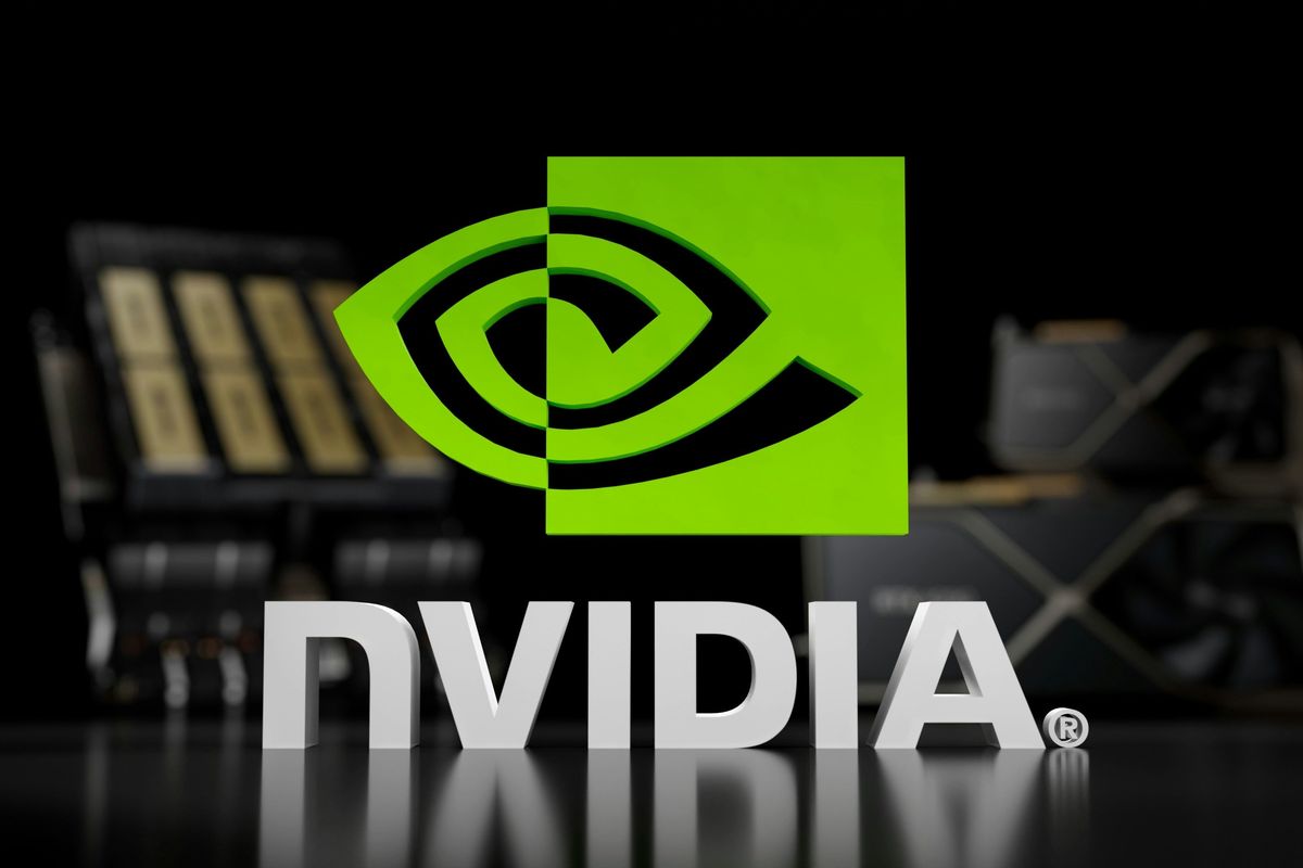NVIDIA logo with blurred graphics cards in background, black and green theme.