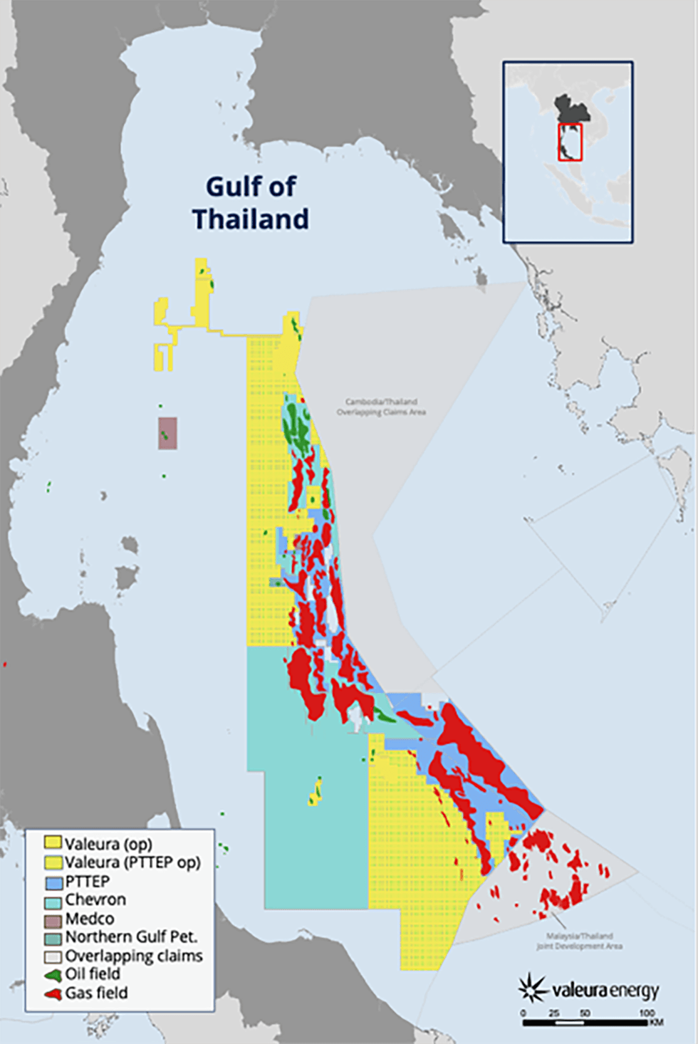 Oil and gas field map of the Gulf of Thailand, highlighting Valeura Energy's operations