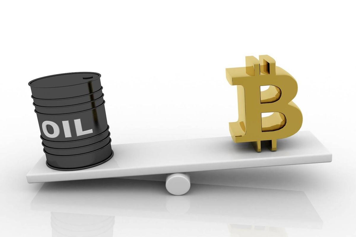 Oil barrel and Bitcoin symbol balanced on a seesaw.