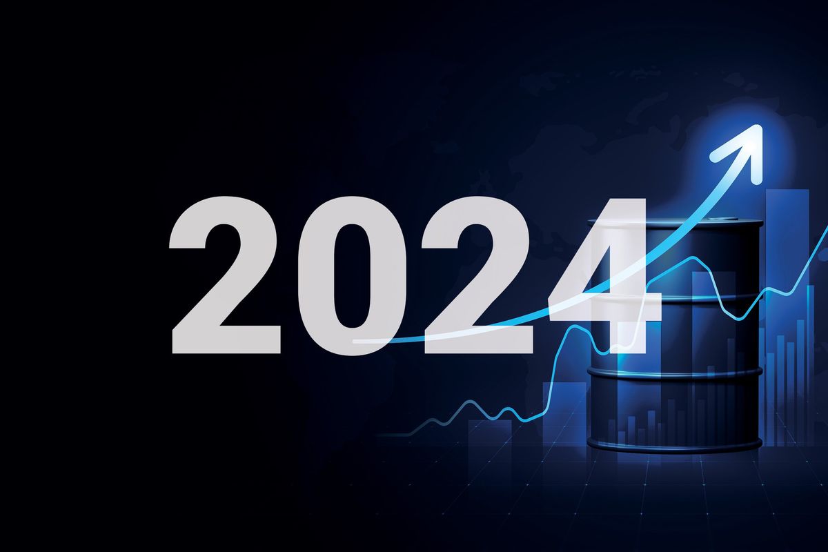 Oil barrel and price chart with 2024 overlay.