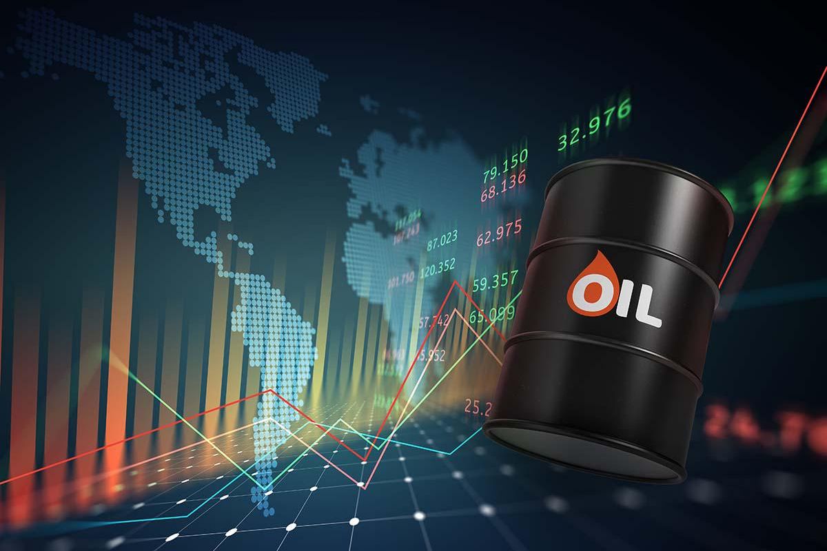 Oil barrel and stock chart overlayed on map.