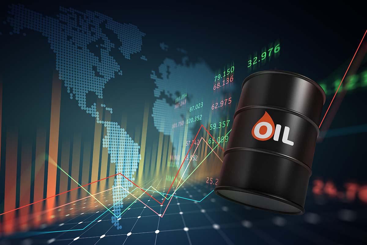 oil barrel and stock chart overlayed on map