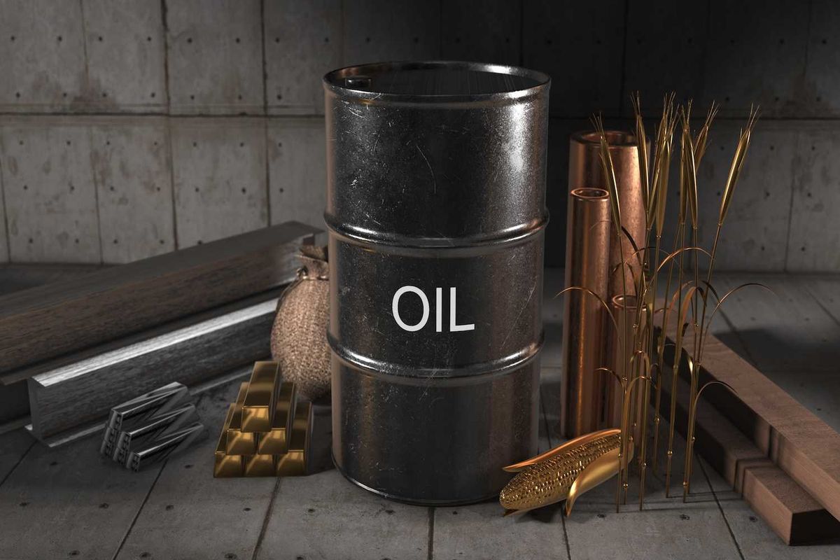 Oil barrel surrounded by metal bars, corn, and gold bullion.