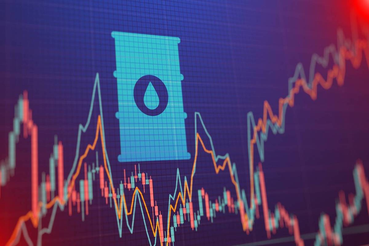 Oil barrel with fluctuating stock market graphs on a dark background.