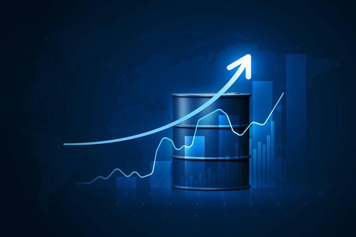 Oil barrel with rising graph arrow, indicating increased prices or growth.