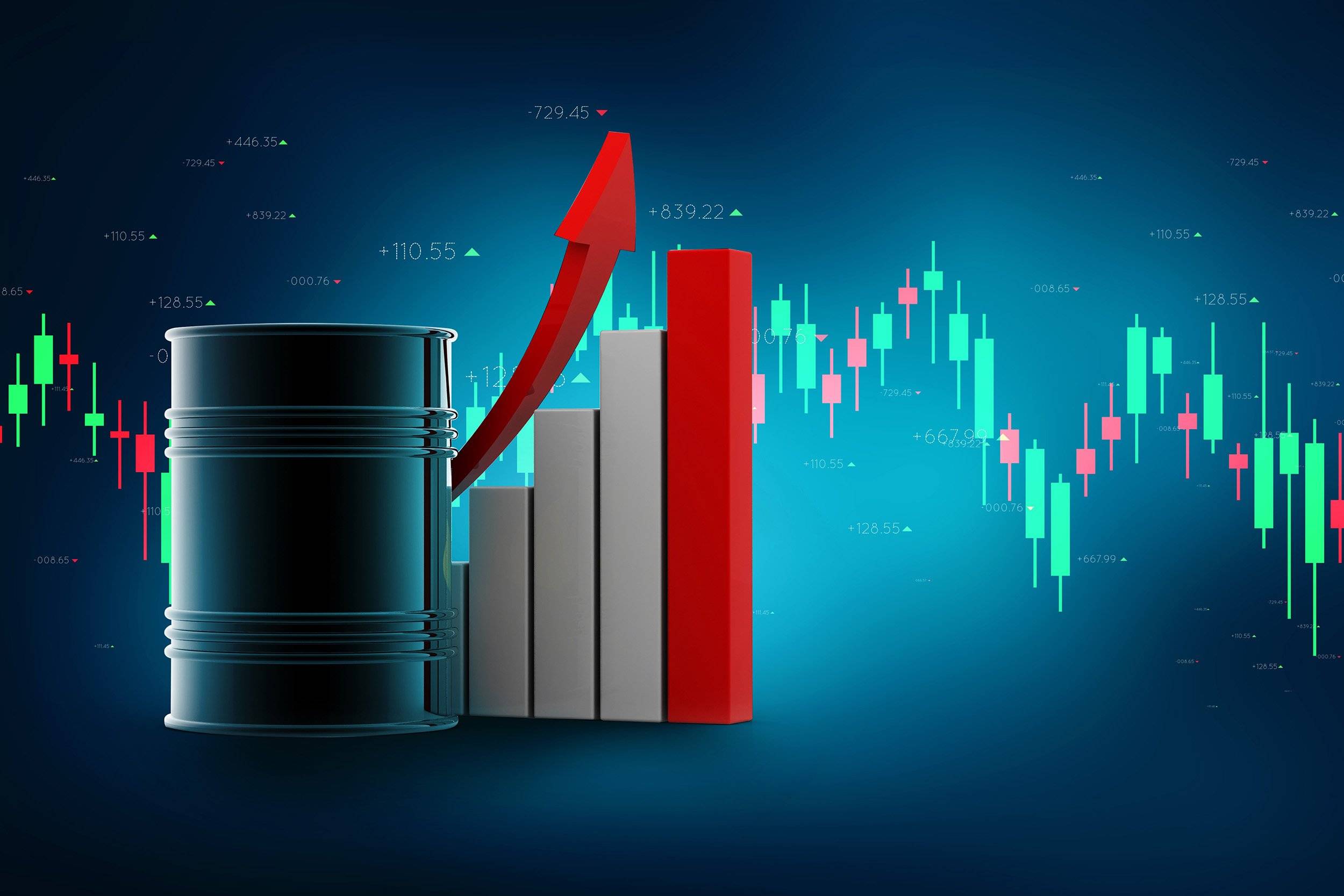 Oil barrel with stock graph going up.