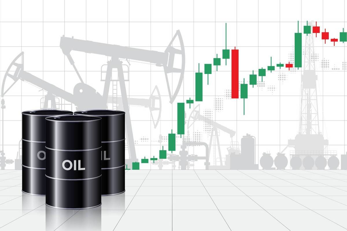 Oil barrels and stock chart with rig silhouettes in the background.