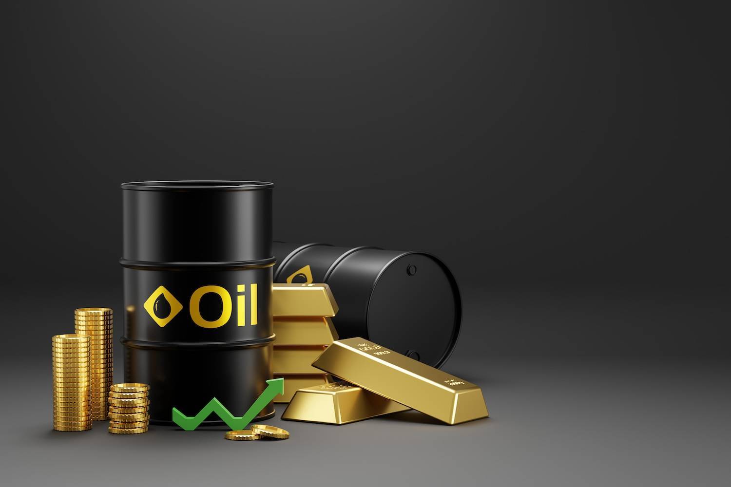 Oil barrels, gold bars and coins with an upward green arrow on a dark background.