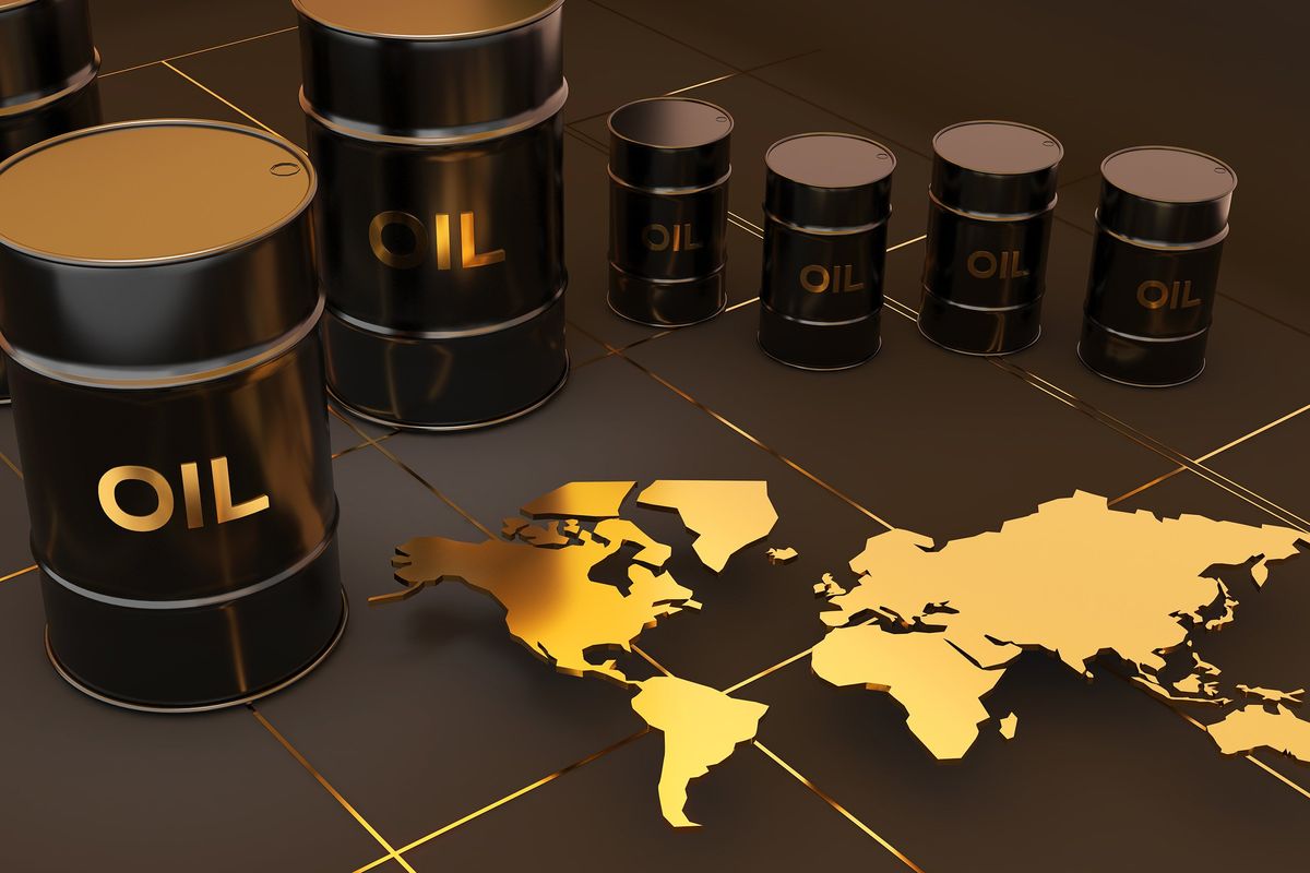 Oil barrels on black background with golden world map.
